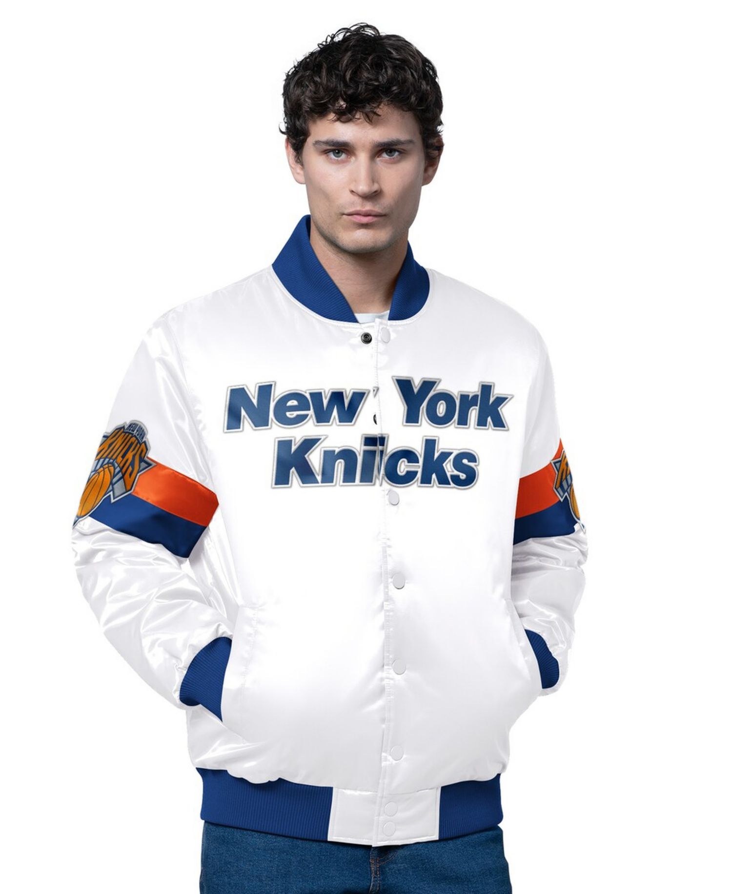 Men's White New York Knicks Triple Option Varsity Full-Snap Satin Jacket
