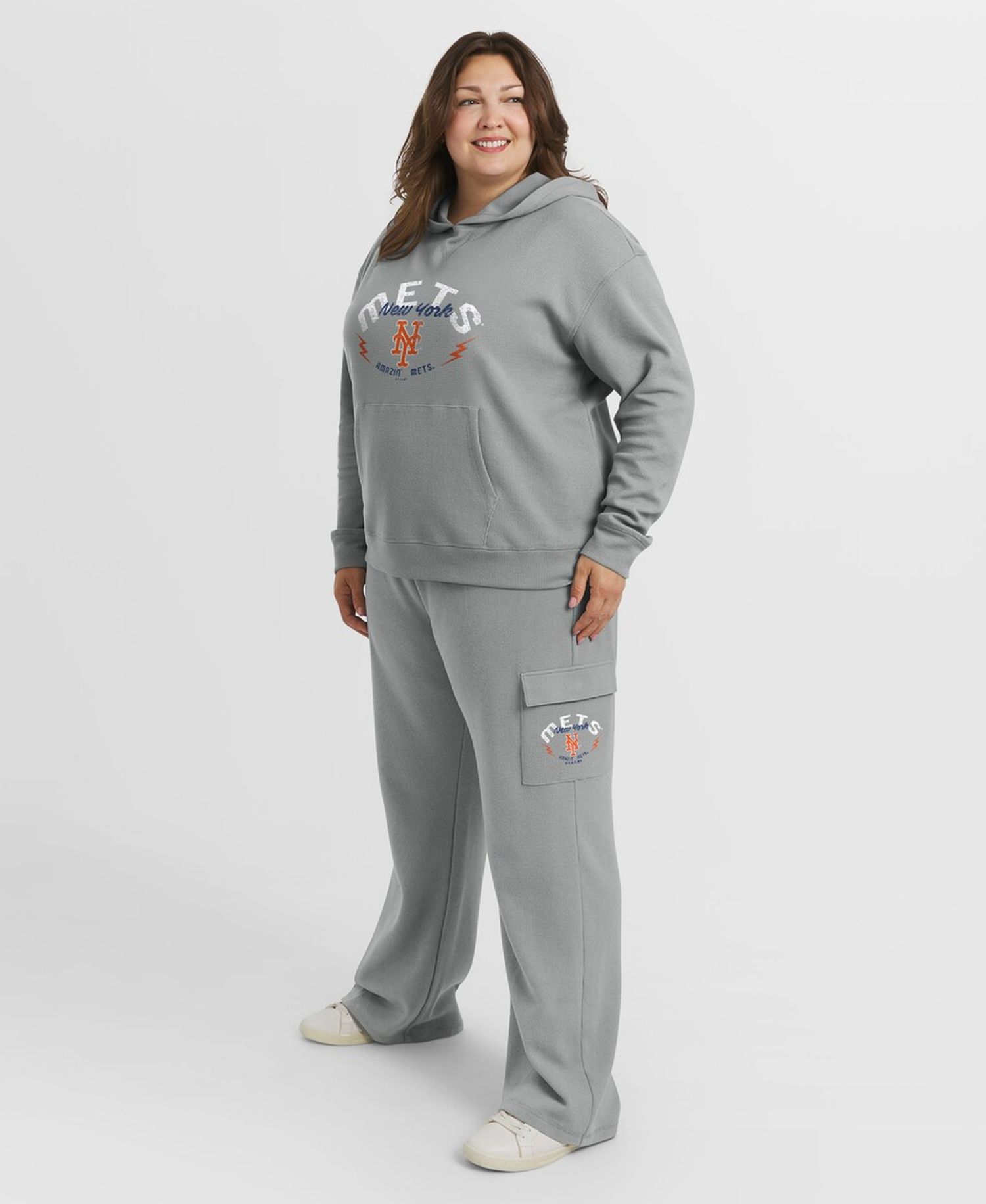 Women's Gray New York Mets Plus Size Waffle-Knit Long-Sleeve Hoodie & Lounge Pants Set