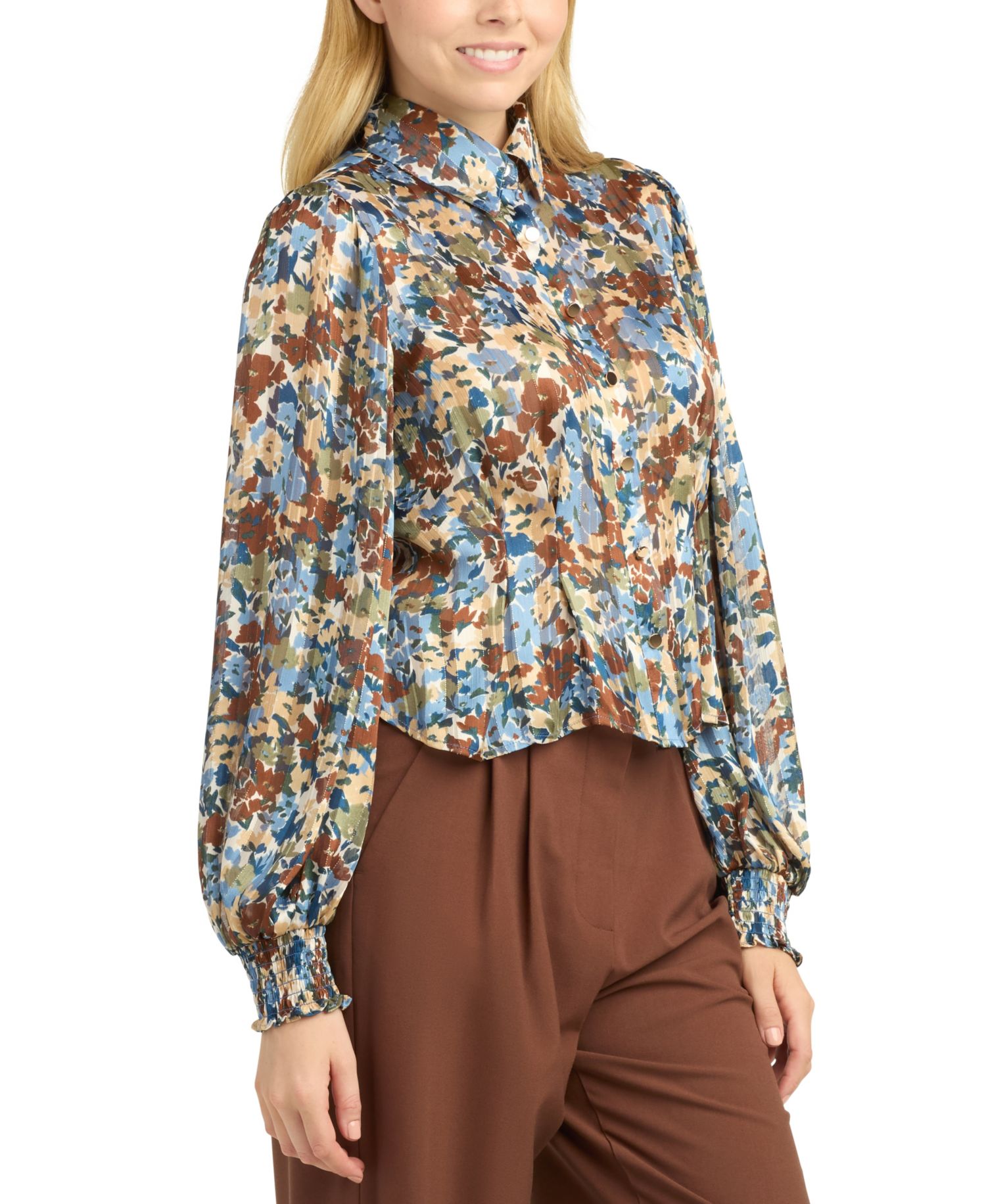 Juniors' Shadow Printed Collared Top