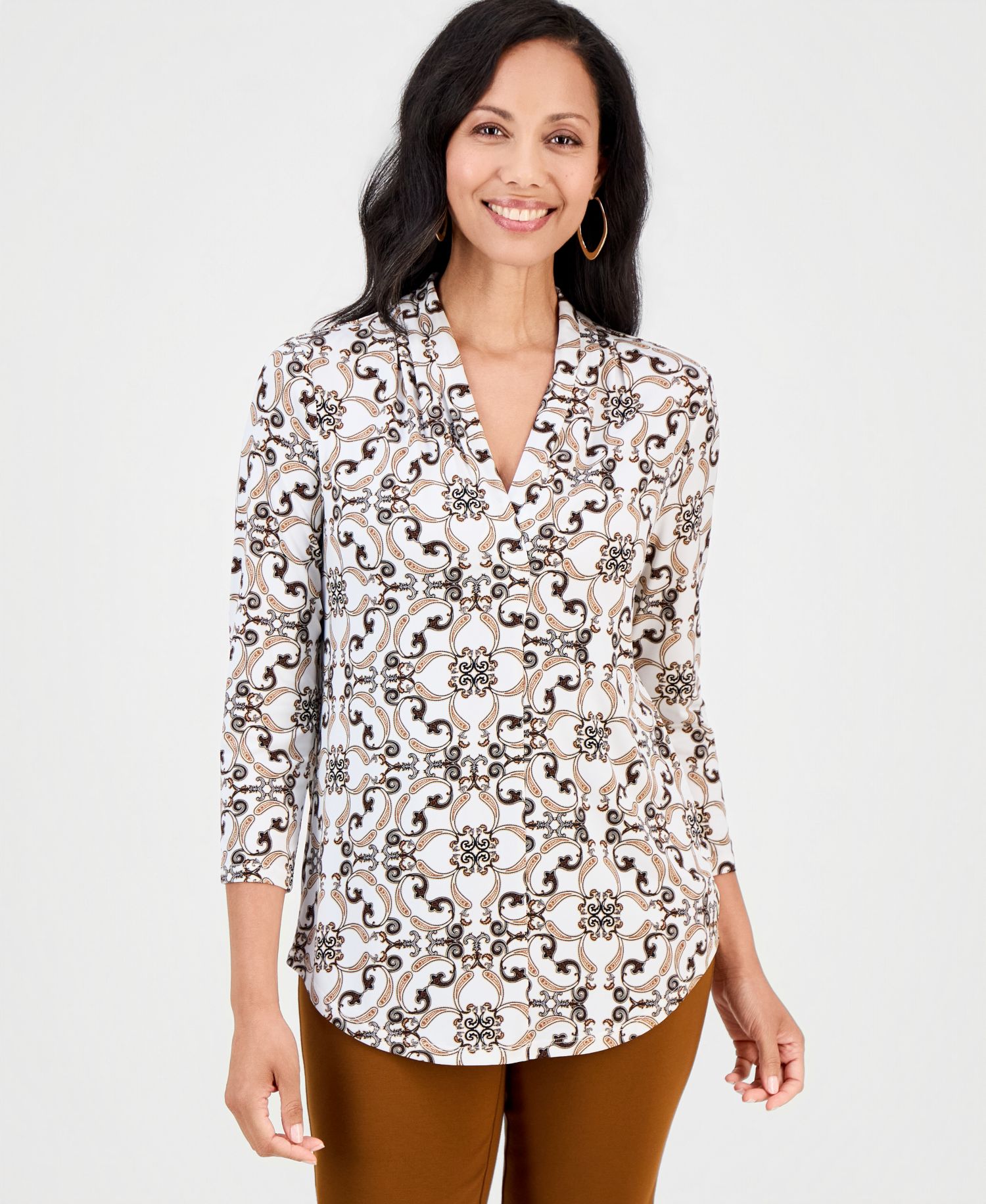 Plus Size Printed 3/4 Sleeve V-Neck Knit Top