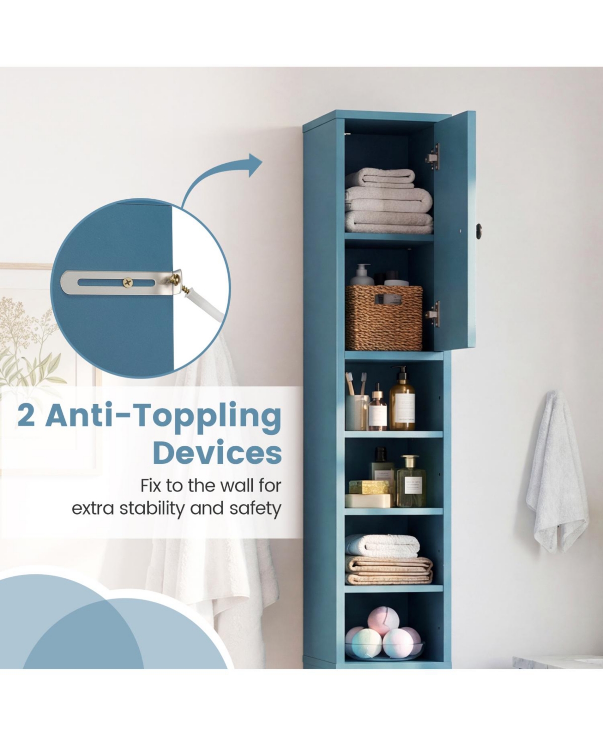 Volenca Slim Freestanding Bathroom Cabinet with Drawer and Adjustable Shelves, 71-in H