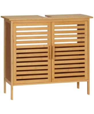 Bamboo Freestanding Bathroom Sink Cabinet Under Sink Cupboard Organizer with 2 Slatted Doors