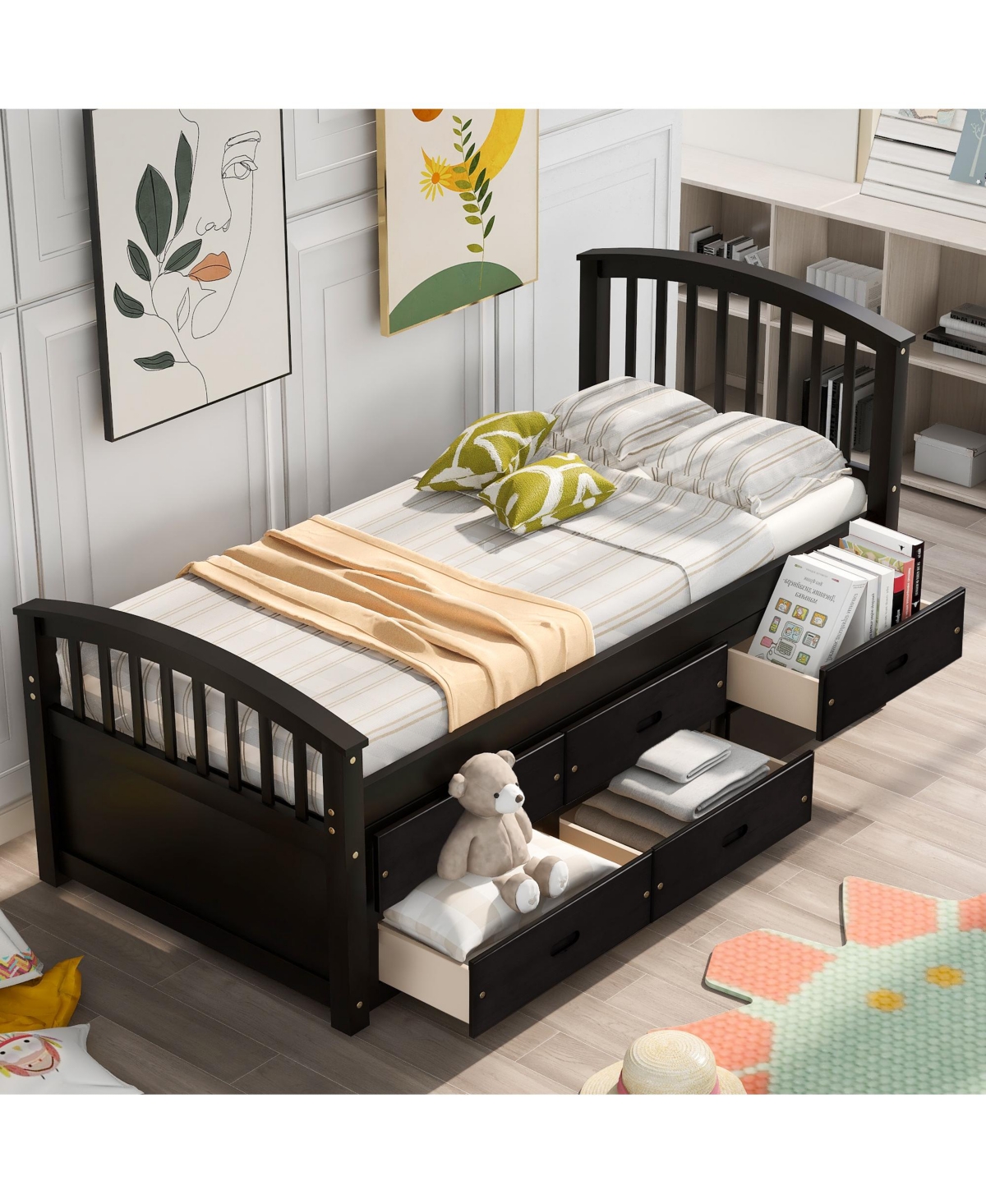 Boyel Living Twin Platform Bed with 6 Drawers, Solid Pinewood Storage Frame, for Kids and Teens