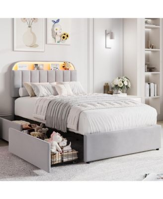 Bed Frame with Storage Headboard, Kids Bed Frame with 2 Drawers, Velvet Upholstered Platform Bed Frame with Lights, No Box Spring Needed