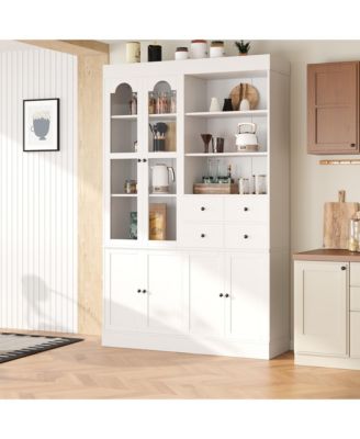 Freestanding Buffet with Hutch, Tall Kitchen Pantry Cabinet with 4 Drawers, Door Shelves and Pull-out Trays for Dining room, Living Room