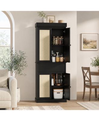Modern Rattan Pantry Cabinet with Adjustable Shelves and Drawer, Soft-Close Doors, Smooth Slides, Anti-Tip Safety, Freestanding Storage Unit