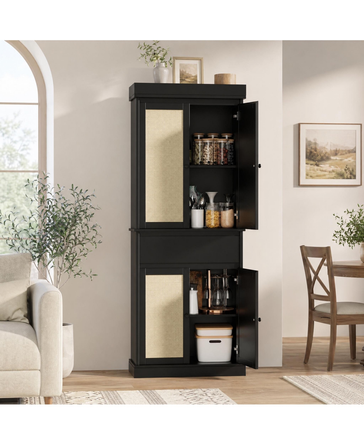 homfan Modern Rattan Pantry Cabinet with Adjustable Shelves and Drawer, Soft-Close Doors, Smooth Slides, Anti-Tip Safety, Freestanding Storage Unit