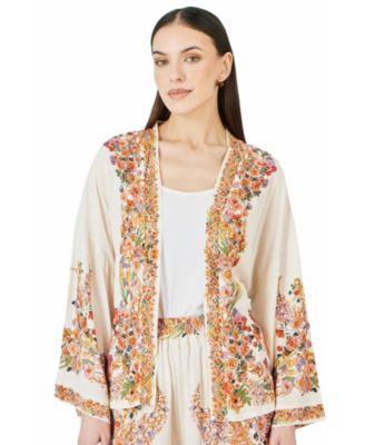 Women's Viscose Floral Border Belted Jacket