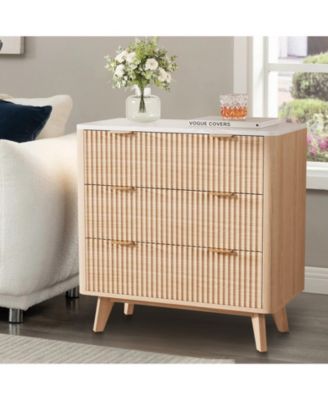  Wide Modern Fluted Nightstand, Faux Marble Tabletop, 3 Drawers and Curved Profile, Large Bedside End Table for Bedroom Living Room, Hallway