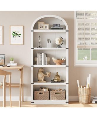 Arched 5-Shelf Wooden Bookcase Cabinet with Doors - 71.65 Inch Tall Farmhouse Display Storage Rack - Bookshelf for Home Office, Living Room