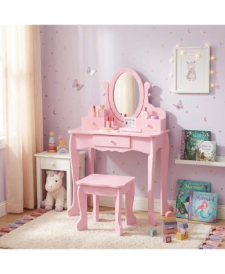 Kids Vanity Set with Mirror and Stool, Wooden Princess Makeup Dressing Table with Drawer for Girls Ages 4-9, Perfect Pretend Play Vanity