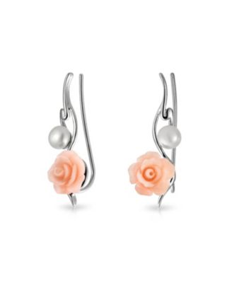 Freshwater Cultured Pearl 3D Rose Flower Climbers Crawlers Earrings .925 Sterling Silver