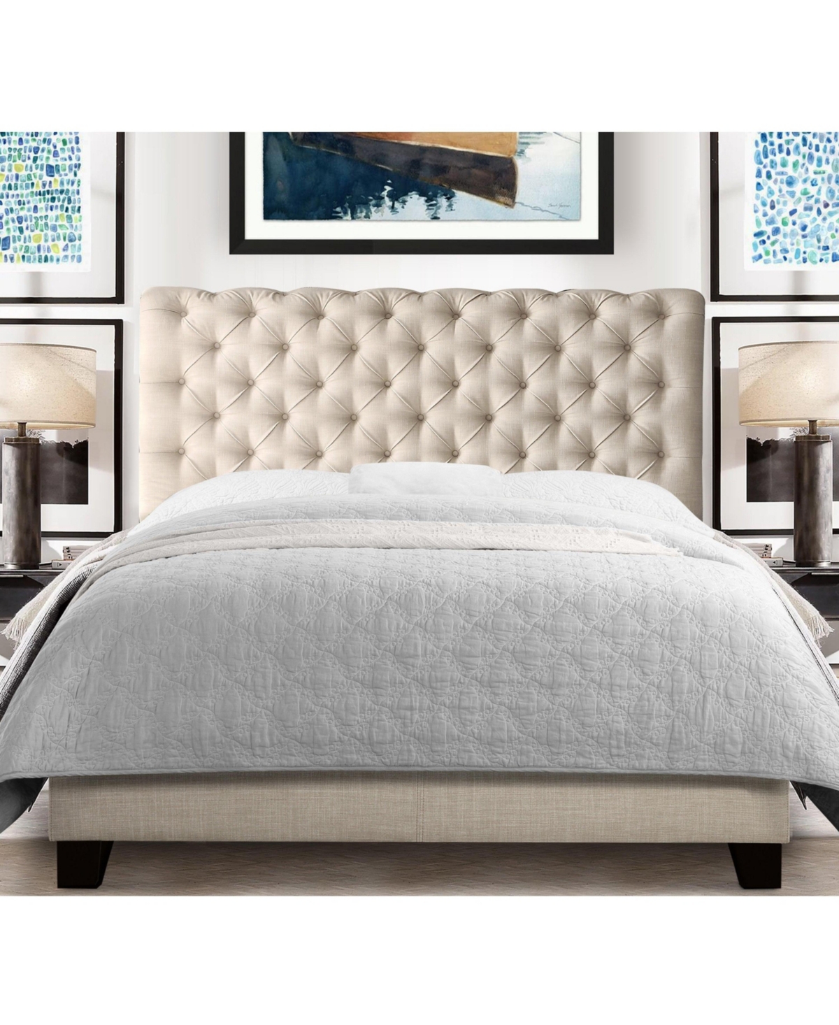 Boyel Living Luxury Upholstered Bed Frame with Tufted Headboard Platform Bed with Solid Wood Frame