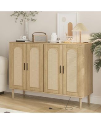 Modern Boho Rattan 4-Door Storage Console, Sideboard Buffet with Built-in Power Outlet and Adjustable Shelves for Multi-Room Use