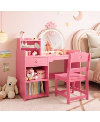 2-in-1 Kids Vanity Set with Lighted Mirror, 4-Piece Dressing Table with Bookshelf, Storage Cabinet and Stool, for Girls Ages 3-8