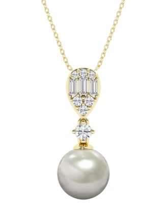 Cultured Freshwater Pearl (8-9mm) & Diamond Pendant Necklace in 14k Yellow Gold