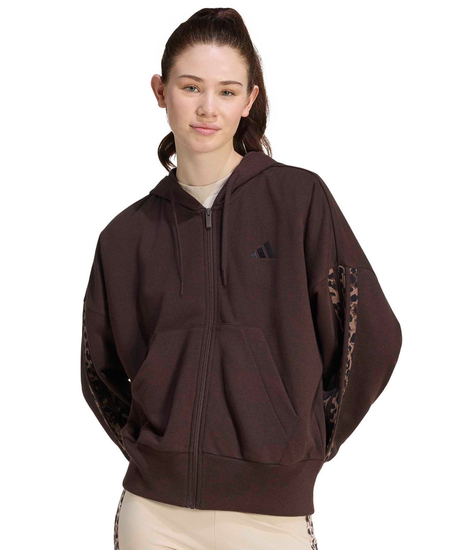 Женская куртка adidas Seasonal Essentials Animal Print 3-Stripes Hooded Track Jacket, цвет: Кофейный / Разноцветный — фото 1