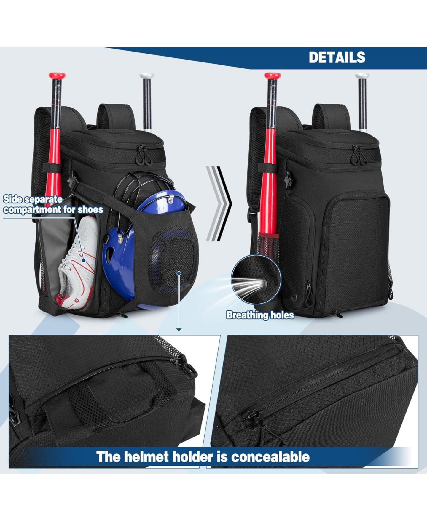 Рюкзак Furlihong Baseball Bag for Adult and Youth – Baseball Softball Bag with Helmet Holder, Shoe Compartment and Fence Hook для детей, цвет: Чёрный — фото 7