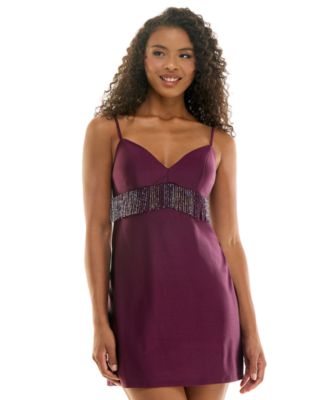 Juniors' Beaded Fringe Trim Satin Short Dress