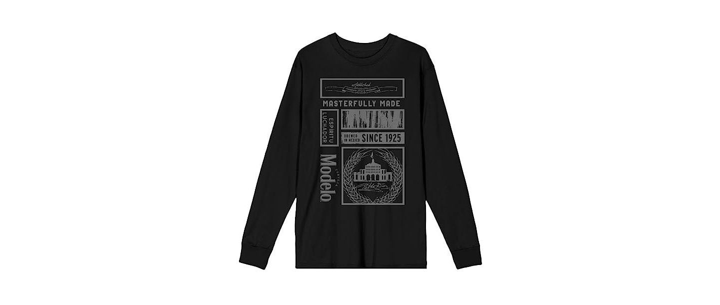 Мужская футболка Modelo Masterfully Made Label Collage Crew Neck Long Sleeve Black Adult Tee-Large, цвет: Чёрный — фото 4