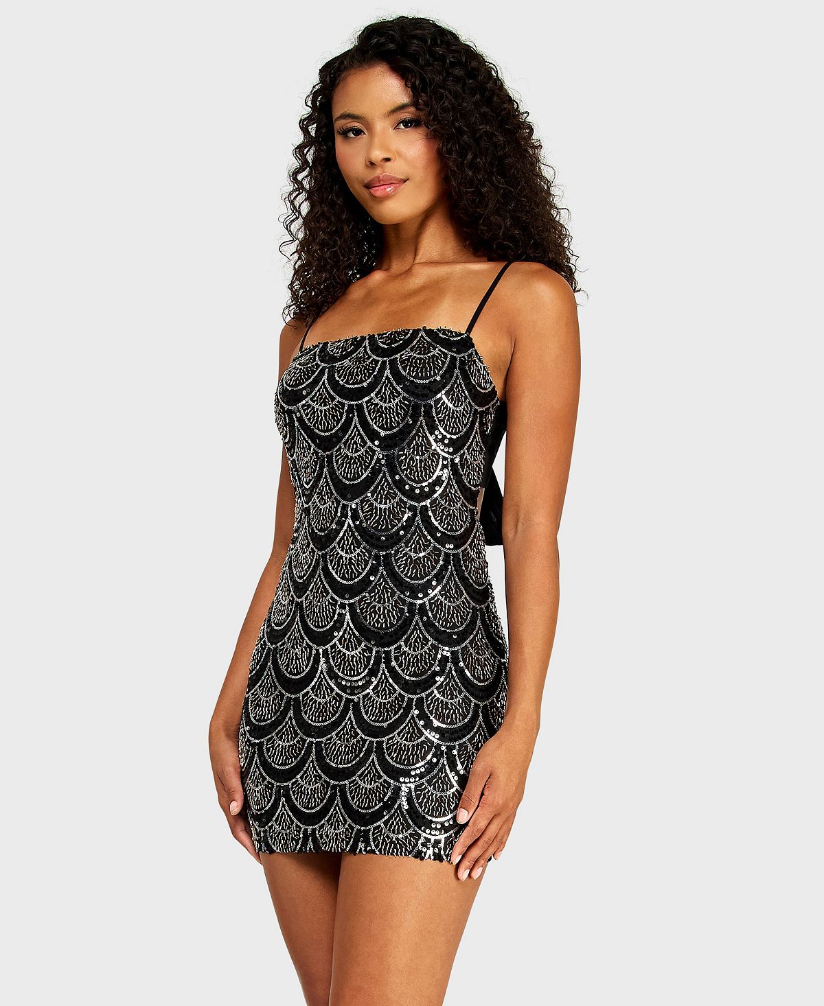 B Darlin Juniors' Square Neck Beaded Detail Chiffon Back-Tie Sequin Dress view 3 — MAYCSS fashion products