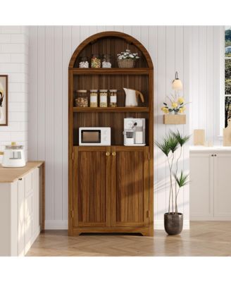 72" Tall Arched Storage Cabinet with Gold Handles, 5 Adjustable Shelves and Double Doors, Freestanding Pantry for Kitchen, Living Room