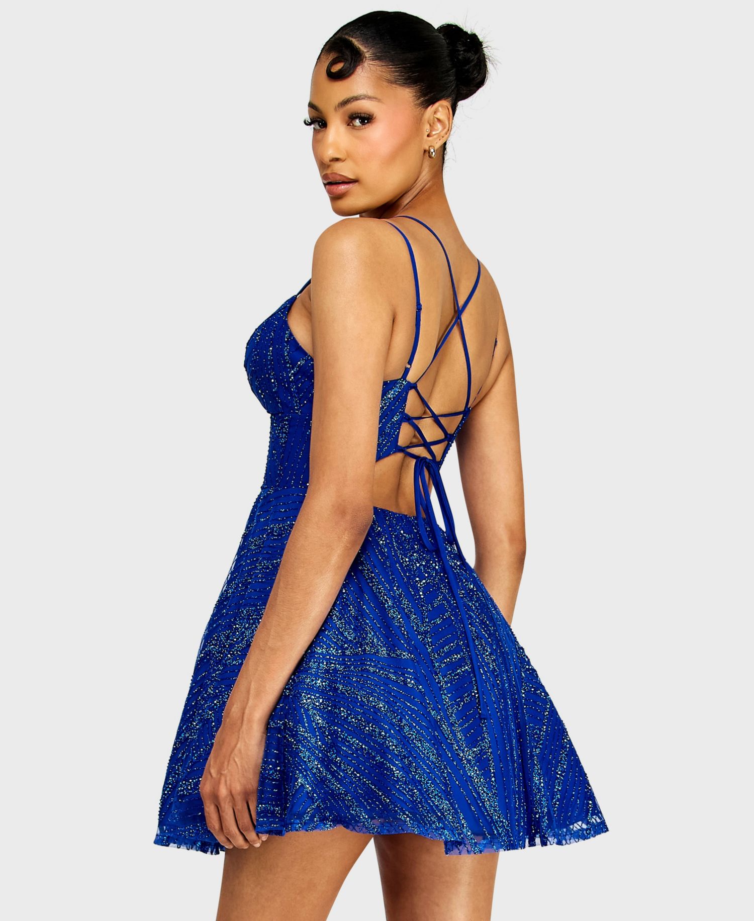 Juniors' Sweetheart Neck Glitter Pattern A-line Mini Dress