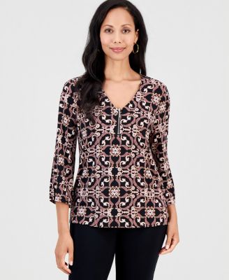 Women's Printed 3/4 Sleeve Zip-Front Top