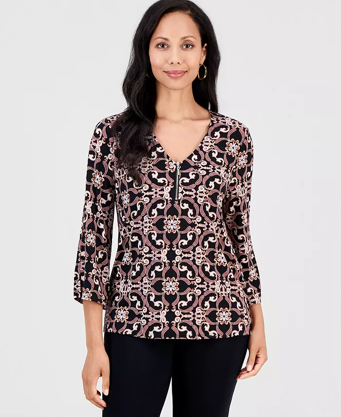 Women's Printed 3/4-Sleeve Zip-Front Top - thumbnail 5