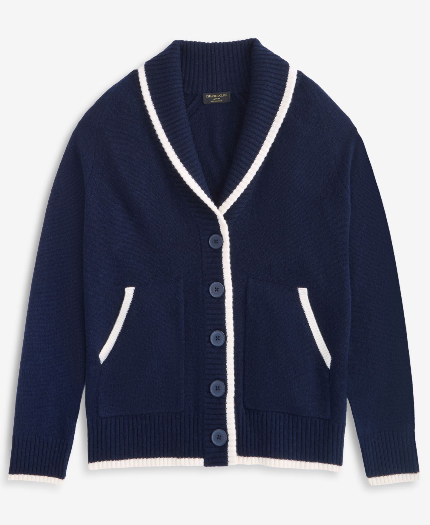 Женский кардиган Charter Club 100% Cashmere Tipped Shawl-Collar Boyfriend, цвет: Тёмно-синий — фото 6