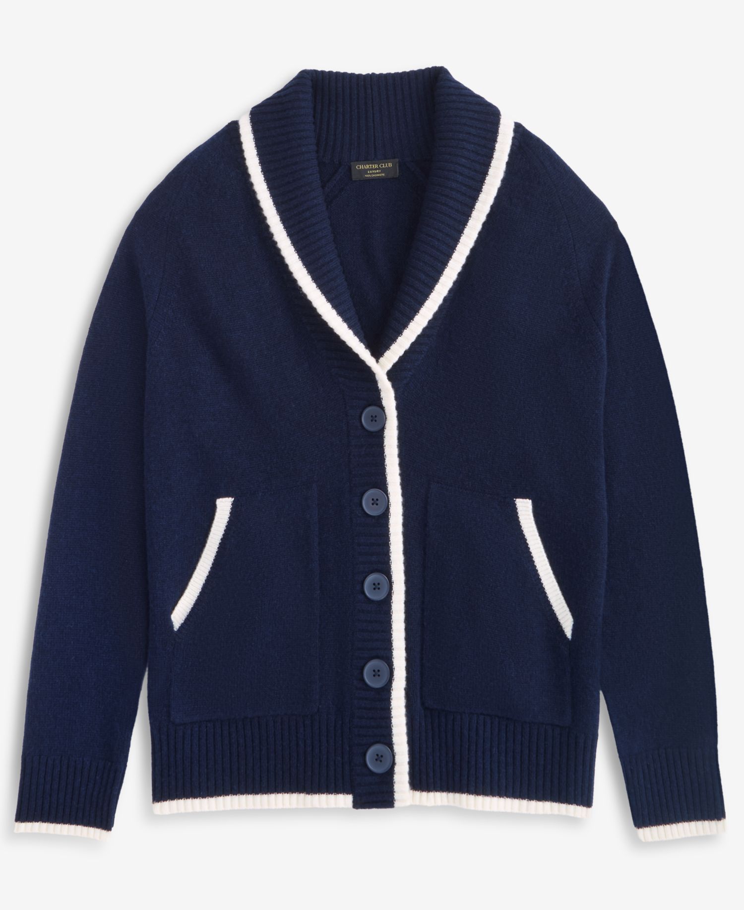 Women's 100% Cashmere Tipped Shawl-Collar Boyfriend Cardigan