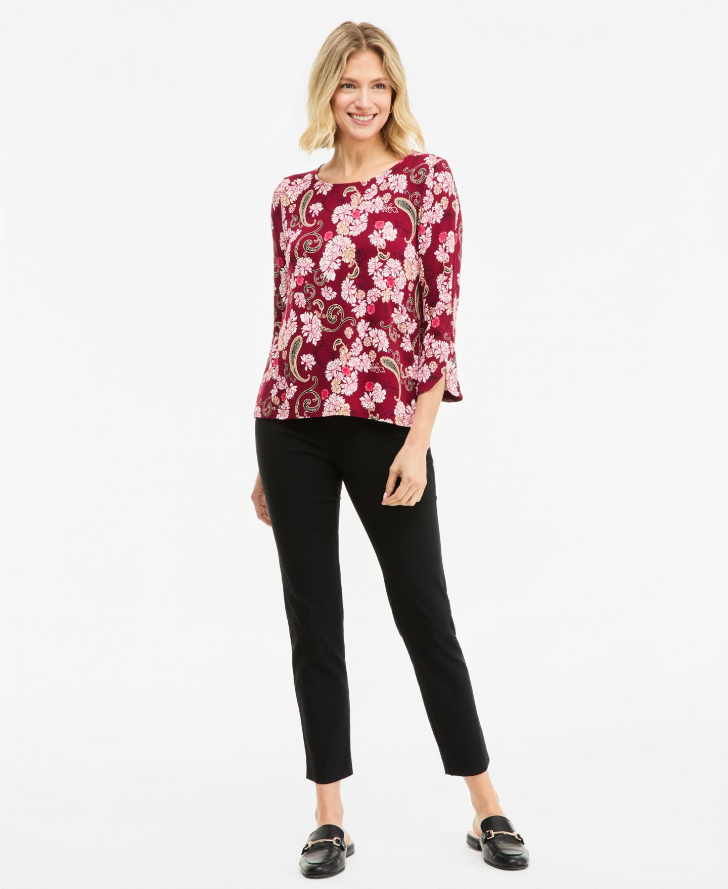 Женский топ JM Collection Floral-Print 3/4-Sleeve Tulip Top, цвет: Вишнёвый — фото 2