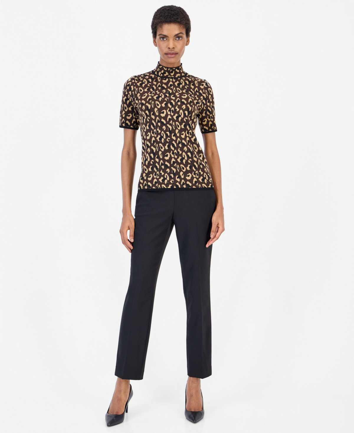 Anne Klein Women's Animal-Print Mock-Neck Short-Sleeve Sweater