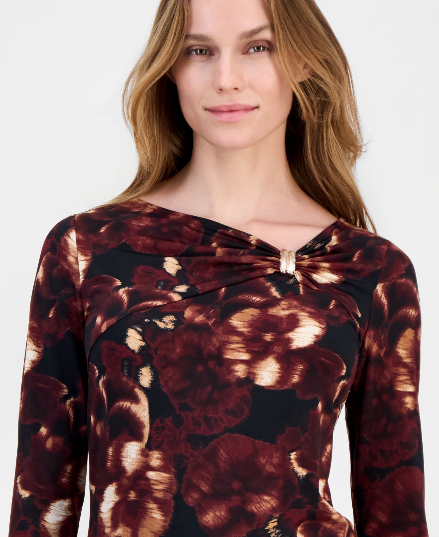 Petite Printed Asymmetric-Neck 3/4-Sleeve Top