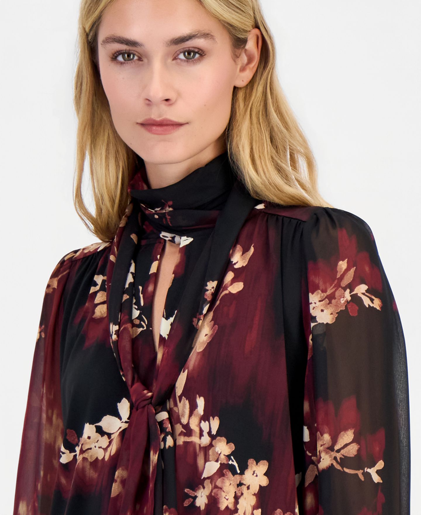 Женская блузка Anne Klein Long-Sleeve Floral Bow Blouse, цвет: Чёрный разноцветный — фото 3