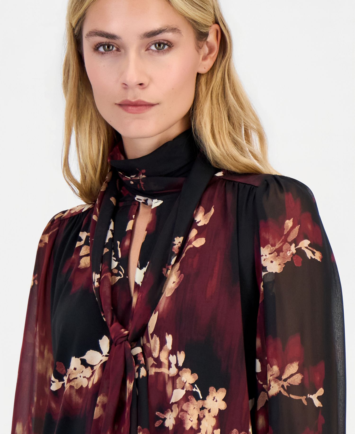 Petite Long-Sleeve Floral Bow Blouse