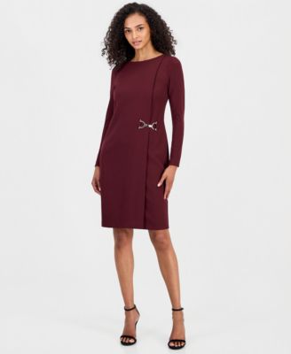 Petite Scuba Crepe Scoop Neck Long Sleeve Sheath Dress