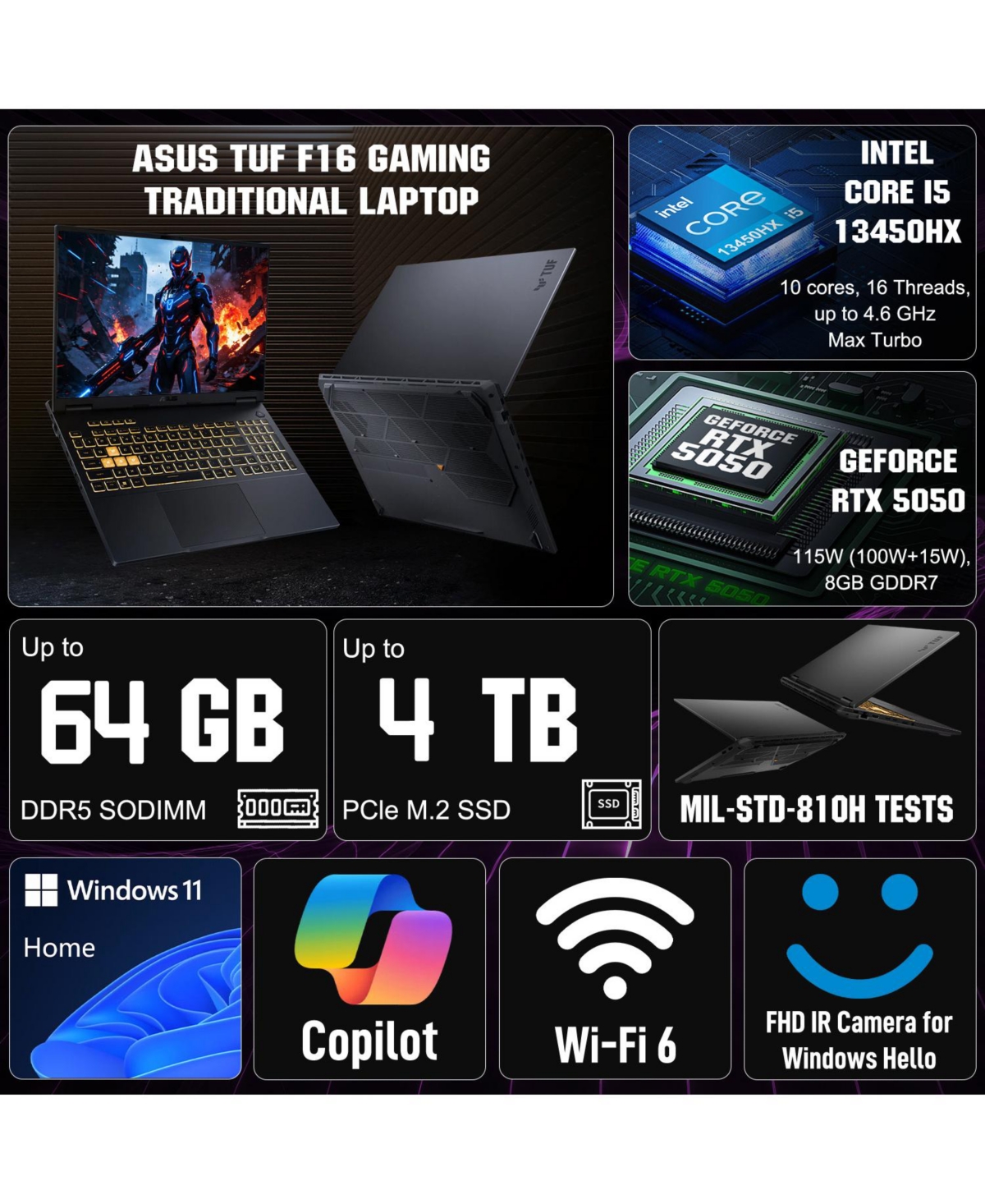 Asus Tuf F16 Traditional Laptop Intel Core i5 16GB Ram Nvidia GeForce Rtx 5050 2TB Ssd Storage Windows 11 Home 165Hz