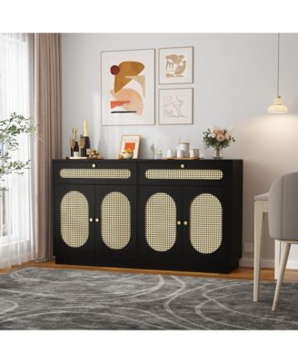 60 Inch Rattan Sideboard Cabinet with 2 Drawers and 4 Doors, Buffet Storage Cabinet with Adjustable Shelves for Dining Room, Living Room