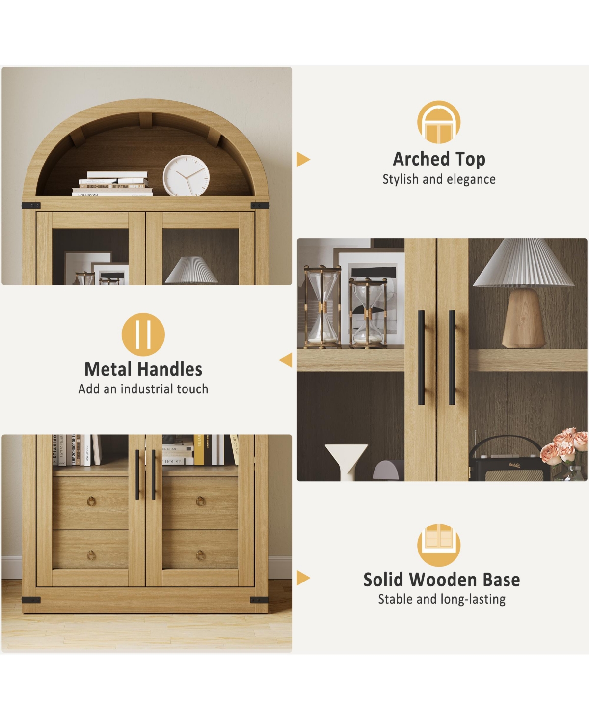homfan Modern Farmhouse Arched Top Bookcase, Mdf Storage Cabinet with Glass Doors and Anti-Tip Straps, Easy Assembly Display Shelf