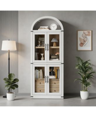 Modern Farmhouse Arched Top Bookcase, MDF Storage Cabinet with Glass Doors and Anti-Tip Straps, Easy Assembly Display Shelf