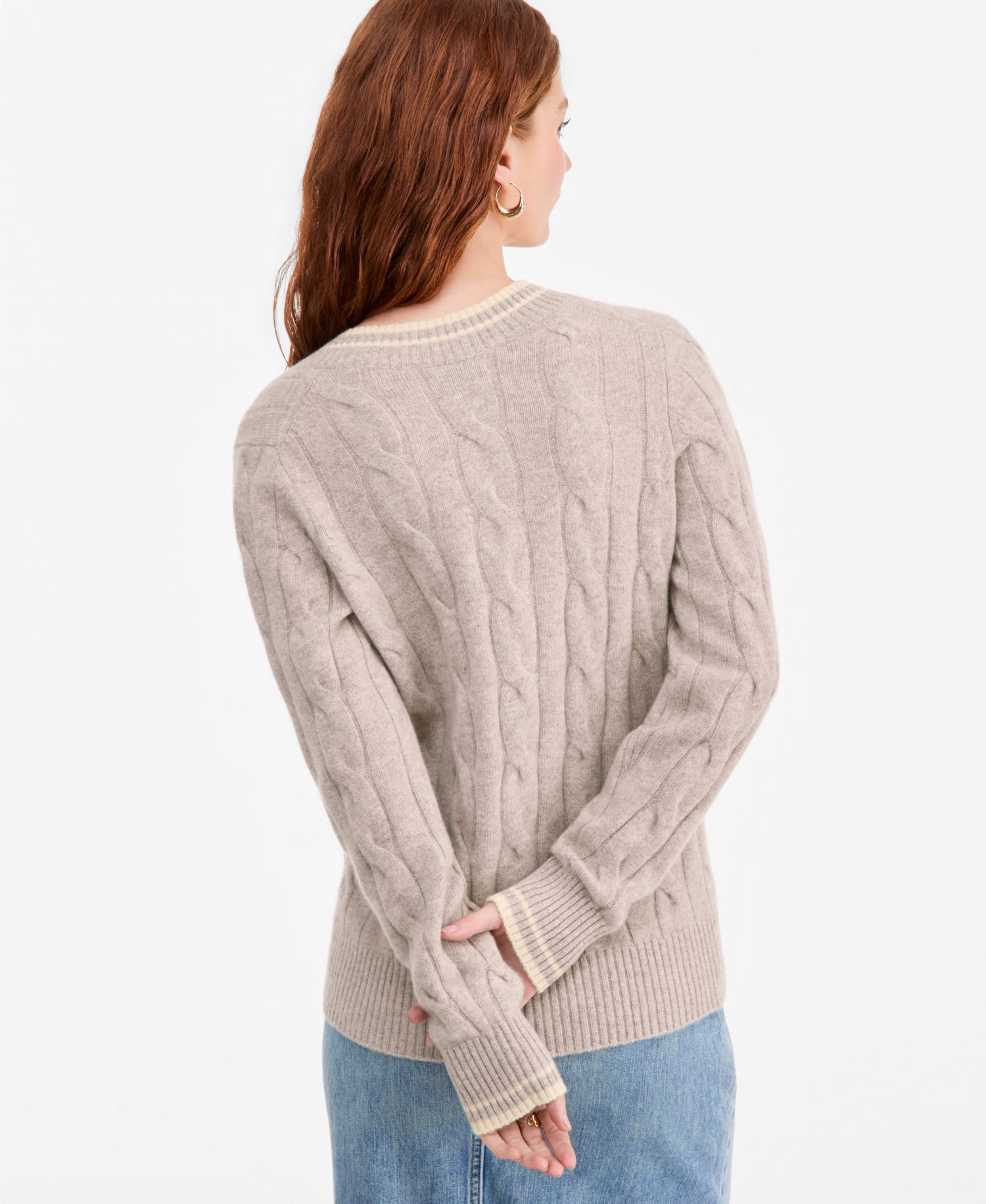 Women's 100% Cashmere Cable-Knit Tipped V-Neck Sweater