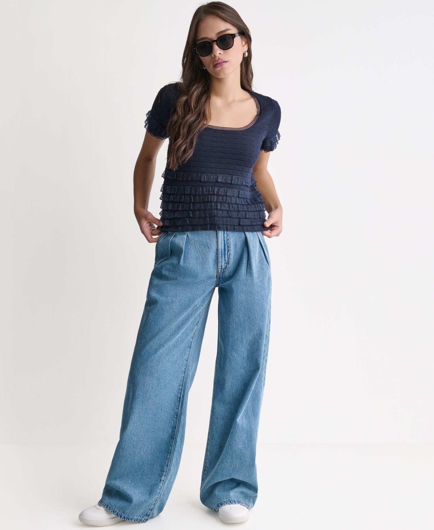 Women's Pointelle Ruffle Short-Sleeve Sweater