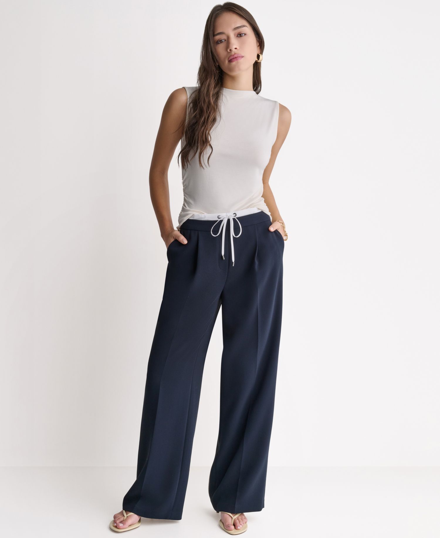 Women's Wide-Leg Contrast Waist Pleated Front Pants