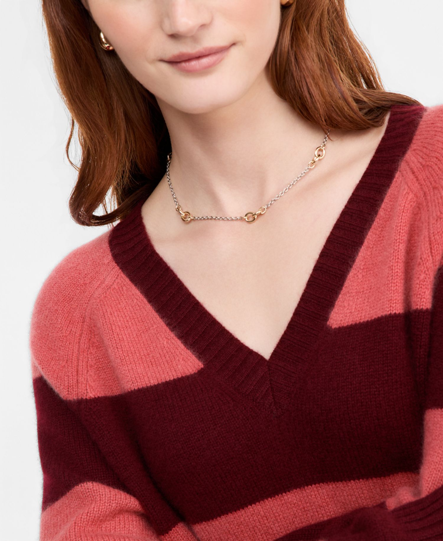 Women's 100% Cashmere Striped V-Neck Sweater