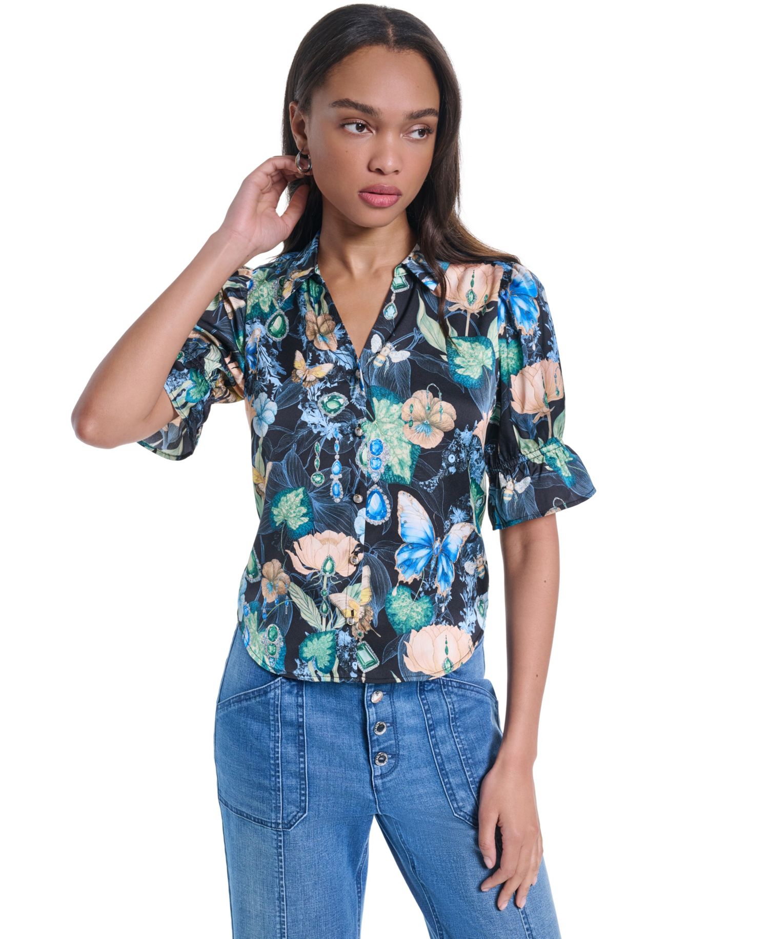 Petite Collared Printed Woven Top