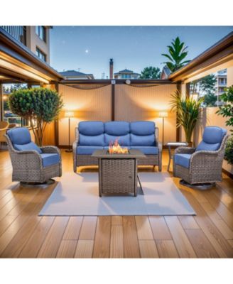 Patio Furniture Set with 6-inch Thick Cushion, Outdoor Furniture with Fire Pit, Swivel Chairs, 5pices Wicker Conversation Set