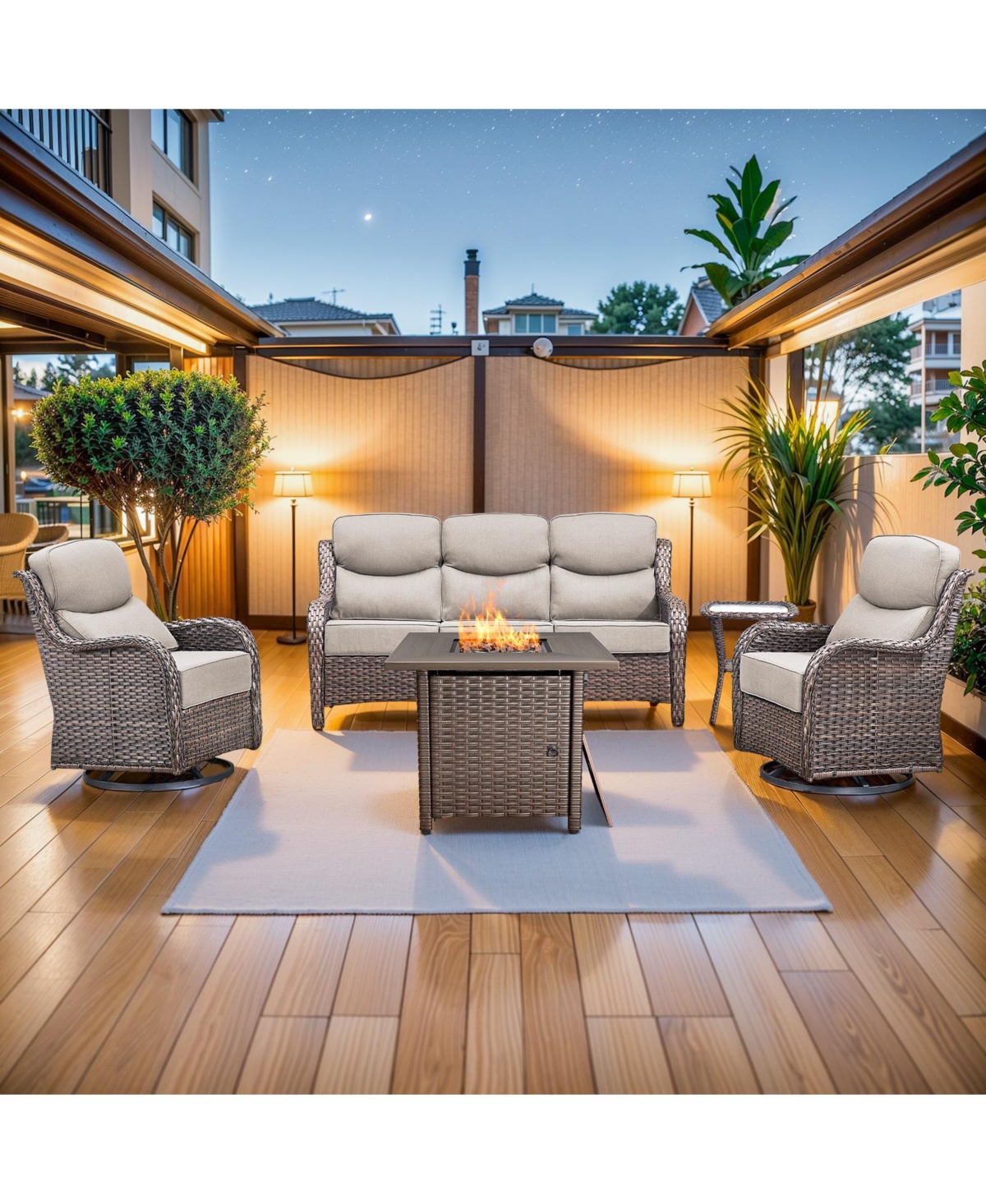 Pocassy Patio Furniture Set with 6-inch Thick Cushion, Outdoor Fire Pit, Swivel Chairs, 5pices Wicker Conversation