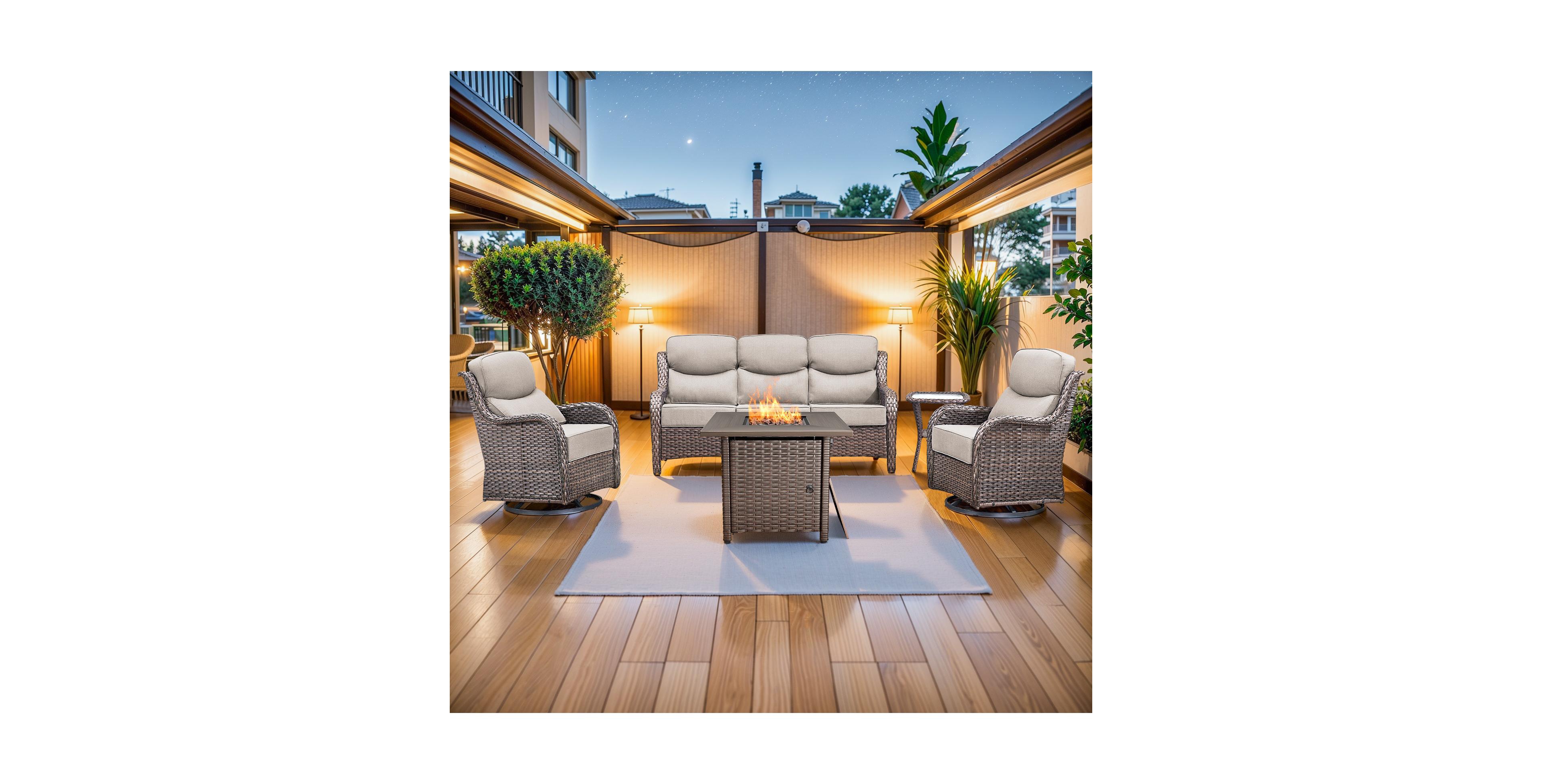 Pocassy Patio Furniture Set with 6-inch Thick Cushion, Outdoor Fire Pit, Swivel Chairs, 5pices Wicker Conversation