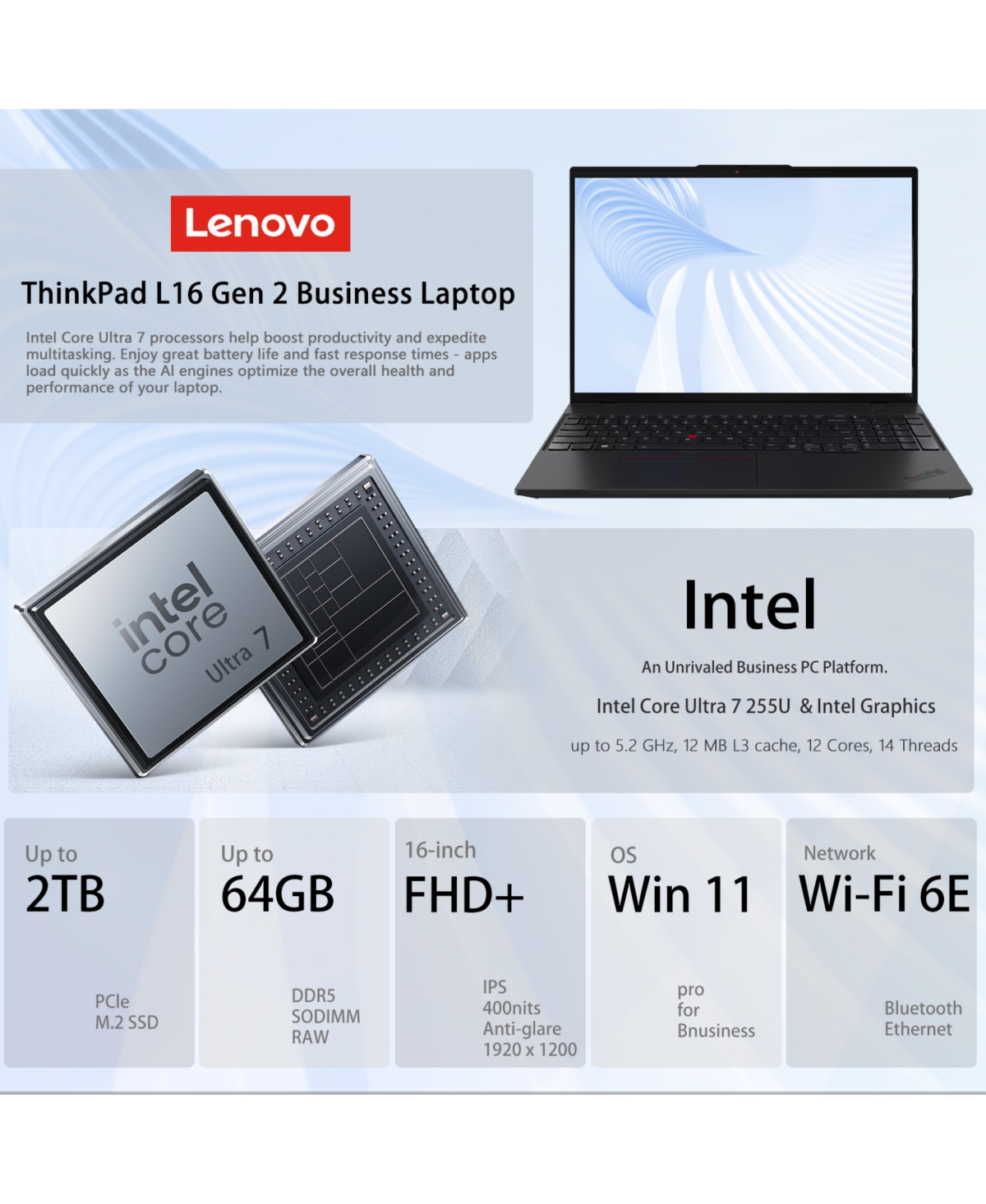 Lenovo ThinkPad L16 16" Traditional Laptop Intel Core Ultra 7 16GB Ram Intel Graphics 1TB Ssd Storage Windows 11 Pro 60Hz